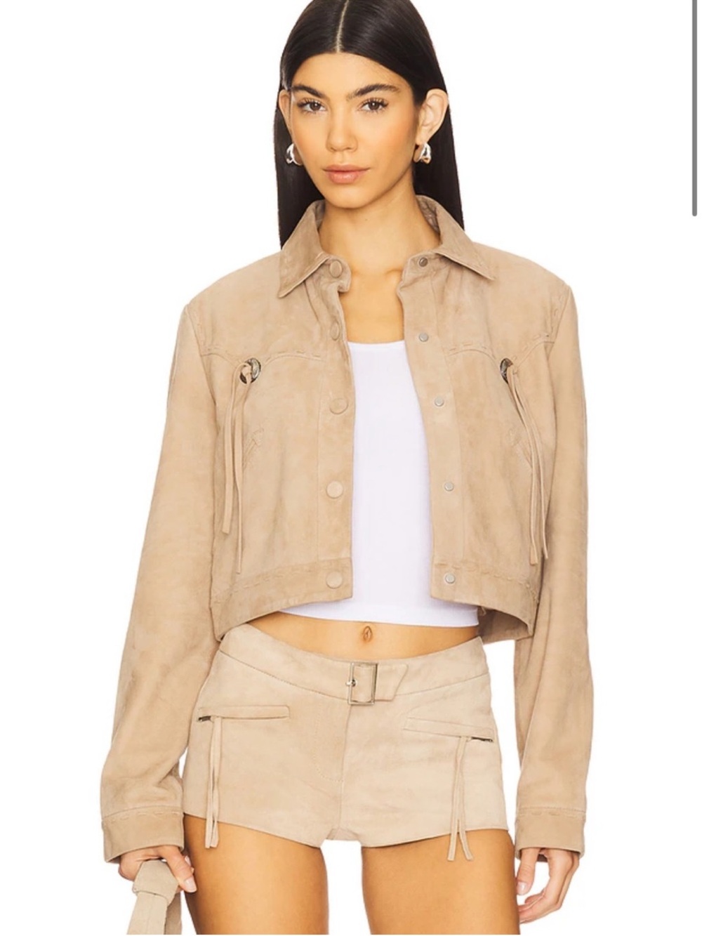 Lamarque Beige Suede Cropped Tassel Jacket